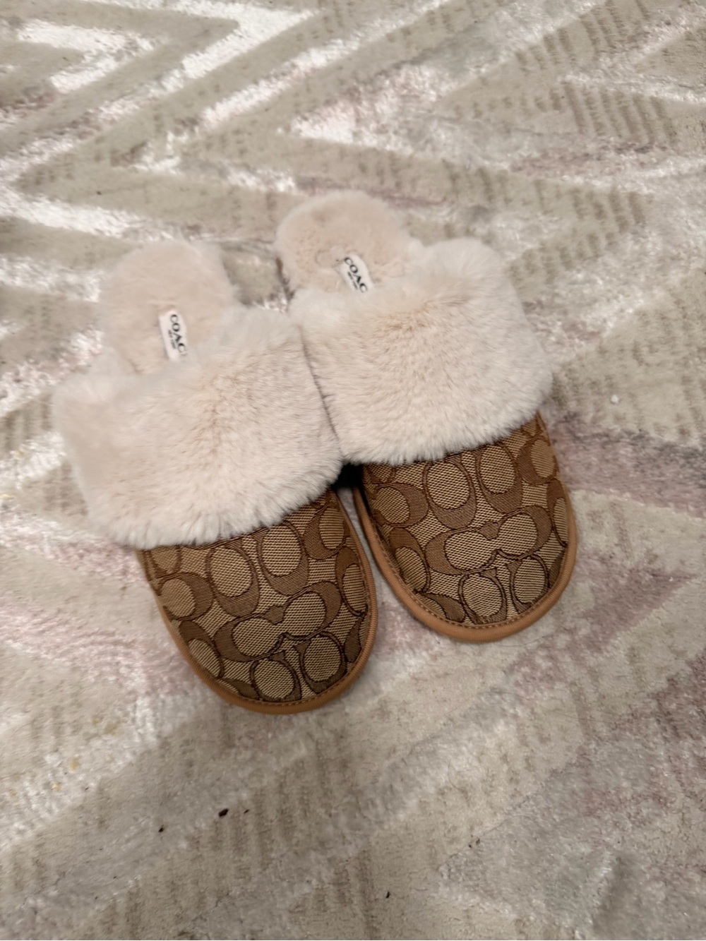Coach Tan Monogram Canvas Slippers with Cream Faux Fur Cuff - Picture 2 of 3
